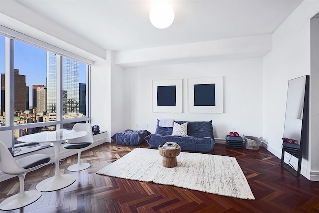 living room featuring dark parquet flooring