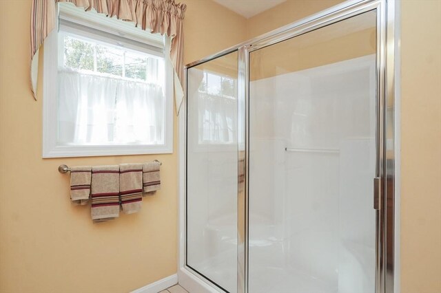 bathroom featuring baseboards and a shower stall