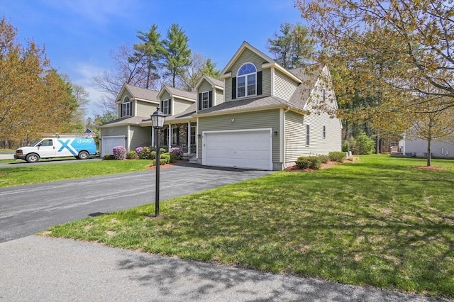 traditional-style home featuring an attached garage, aphalt driveway, and a front yard