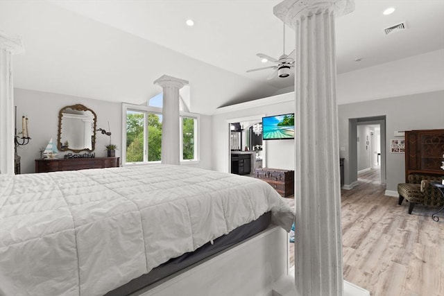 75 Narrows Rd, Freetown, MA 02702 - bedroom with decorative columns, vaulted ceiling, light wood-type flooring, recessed lighting, and a ceiling fan