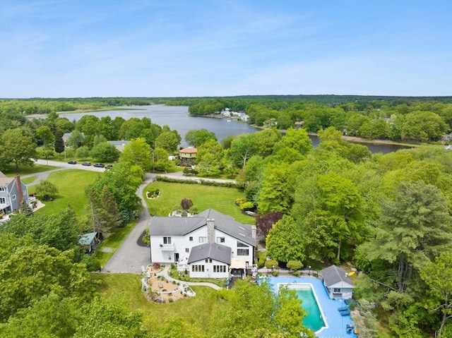 75 Narrows Rd, Freetown, MA 02702 - drone / aerial view of a large body of water, a pool area, and a forest