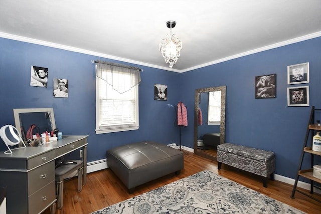 interior space with a notable chandelier, ornamental molding, baseboard heating, and wood finished floors