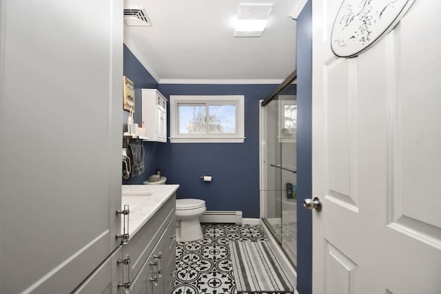 bathroom with a stall shower, visible vents, baseboards, and crown molding