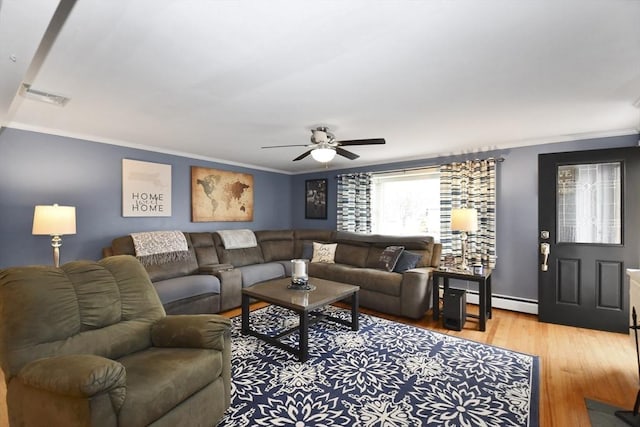 living room featuring ornamental molding, wood finished floors, visible vents, and a ceiling fan