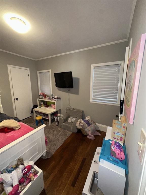 bedroom with crown molding and dark wood-type flooring