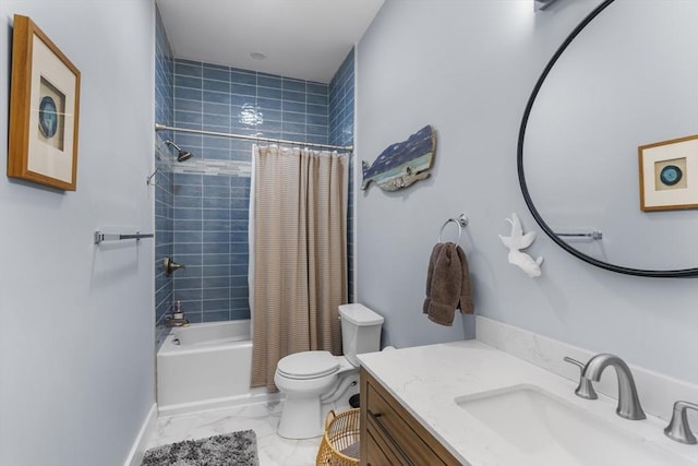 full bathroom with toilet, vanity, and shower / bathtub combination with curtain