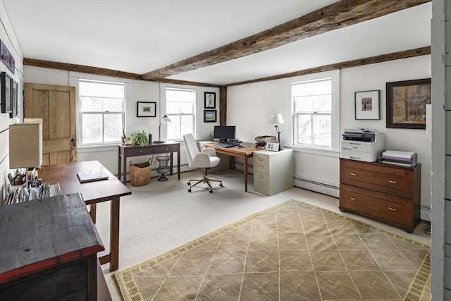 office area featuring a baseboard heating unit, beam ceiling, and carpet