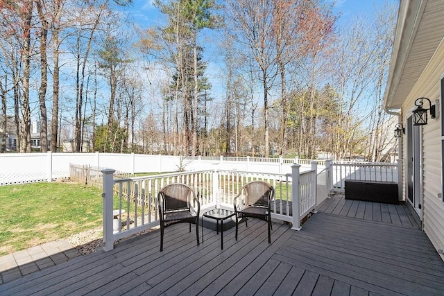 wooden terrace with a fenced backyard and a lawn