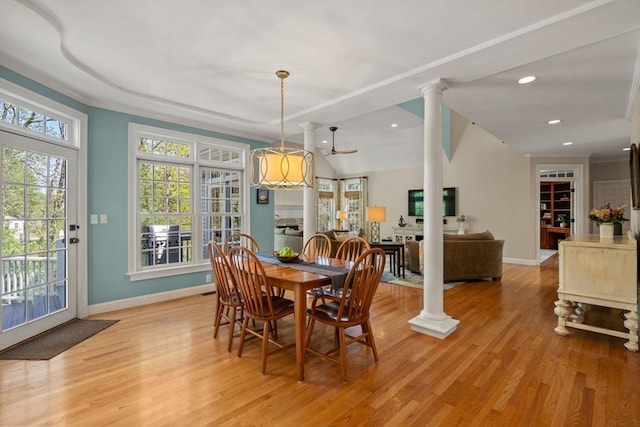 dining space with baseboards, ornate columns, light wood finished floors, recessed lighting, and crown molding