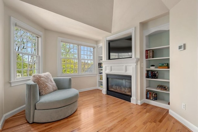 living area featuring a glass covered fireplace, wood finished floors, baseboards, and plenty of natural light