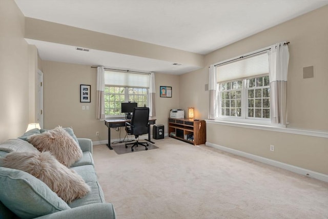 home office with baseboards, carpet flooring, and plenty of natural light