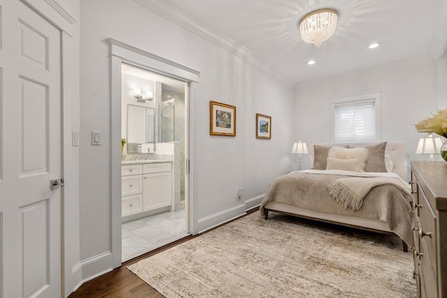 bedroom featuring dark wood-style floors, recessed lighting, baseboards, and ornamental molding