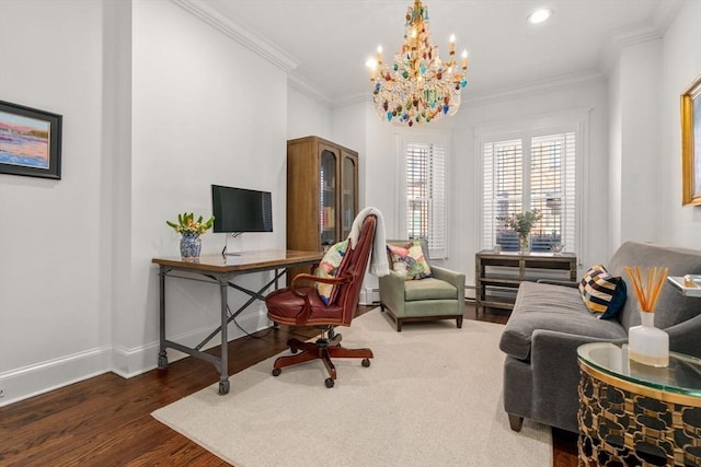 office featuring wood finished floors, baseboards, and ornamental molding