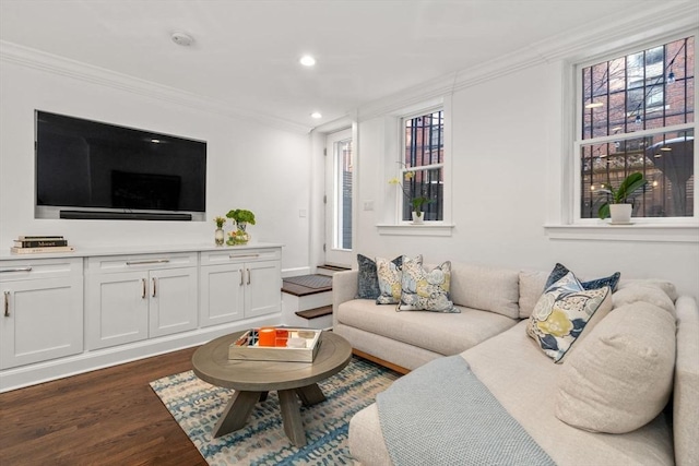 living area with recessed lighting, dark wood-style floors, and ornamental molding