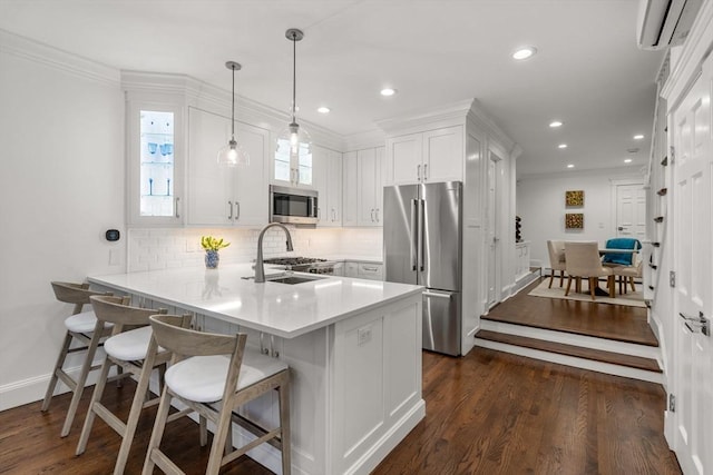 kitchen with a wall mounted AC, a sink, dark wood finished floors, white cabinetry, and stainless steel appliances