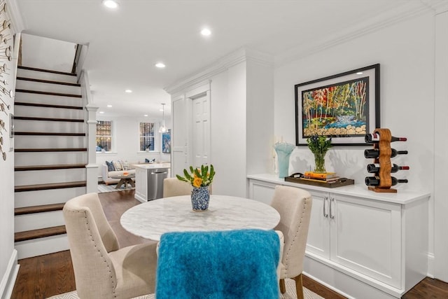 dining area featuring stairway, recessed lighting, and crown molding