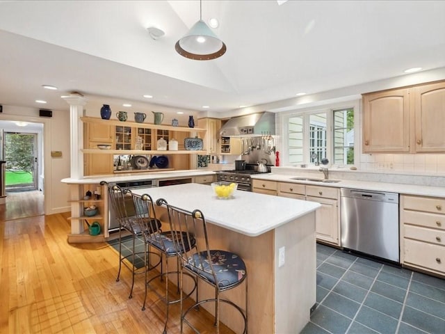 234 Lowell Rd, Wellesley, MA 02481 - kitchen featuring appliances with stainless steel finishes, open shelves, light brown cabinetry, light countertops, and vaulted ceiling