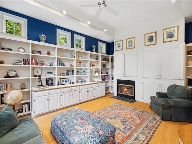 234 Lowell Rd, Wellesley, MA 02481 - living area with ceiling fan, light wood-style floors, and a fireplace with flush hearth