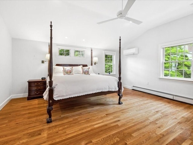 234 Lowell Rd, Wellesley, MA 02481 - bedroom featuring a wall mounted air conditioner, lofted ceiling, multiple windows, wood finished floors, and baseboards