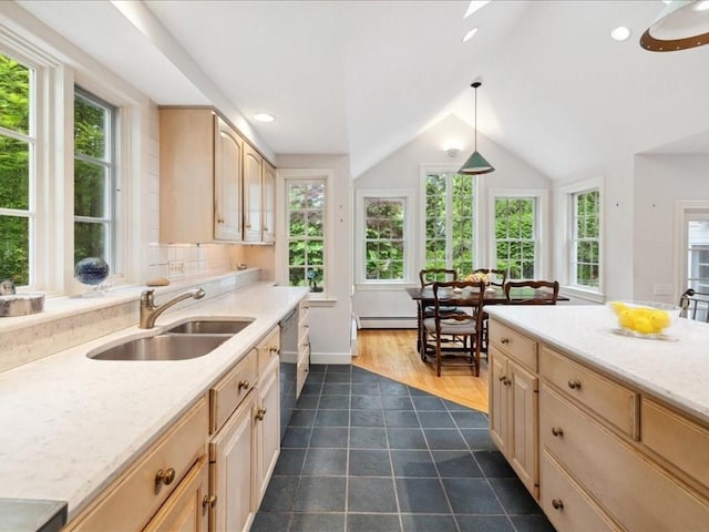 234 Lowell Rd, Wellesley, MA 02481 - kitchen featuring a sink, light brown cabinets, dark tile patterned floors, dishwasher, and vaulted ceiling