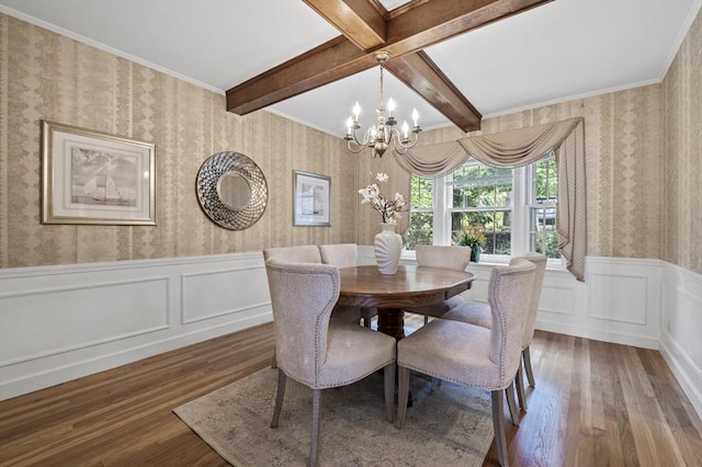 dining area featuring hardwood / wood-style flooring, a notable chandelier, wainscoting, and wallpapered walls