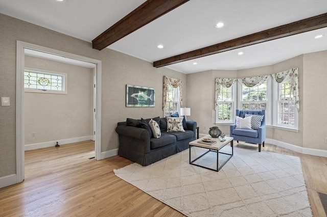 living room with light wood-style flooring, baseboards, and a healthy amount of sunlight