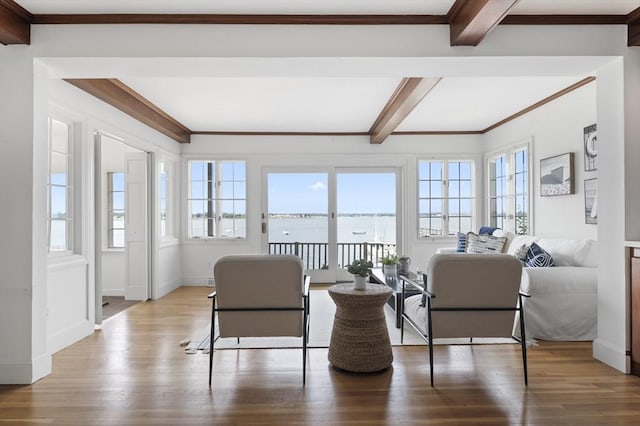 living room featuring crown molding, wood finished floors, beamed ceiling, and a water view