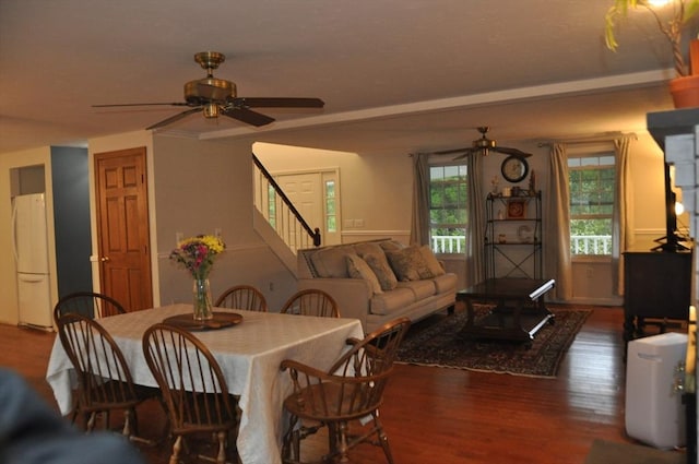 34 Liberty Ln, Ashburnham, MA 01430 - dining area with ceiling fan, stairs, and wood finished floors