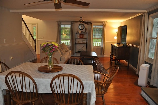 34 Liberty Ln, Ashburnham, MA 01430 - dining space with wood finished floors, ceiling fan, ornamental molding, stairs, and baseboards