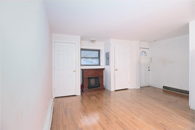 spare room featuring electric panel and light wood-type flooring