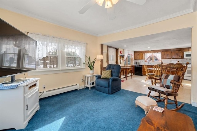 living area featuring crown molding and baseboard heating