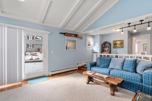 living room featuring a baseboard radiator, light hardwood / wood-style floors, and vaulted ceiling with beams