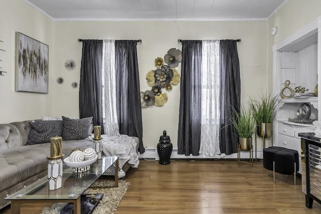 living room featuring crown molding, wood finished floors, and baseboard heating