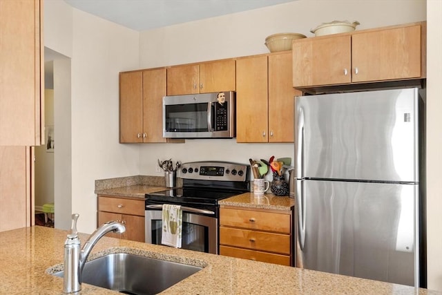 kitchen with light stone countertops, stainless steel appliances, and a sink