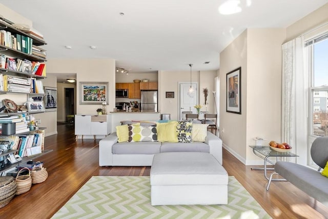 living room with baseboards and wood finished floors