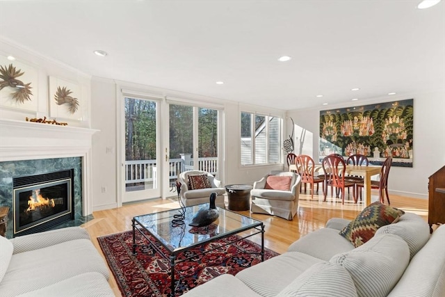 living room featuring crown molding, a premium fireplace, and light hardwood / wood-style floors