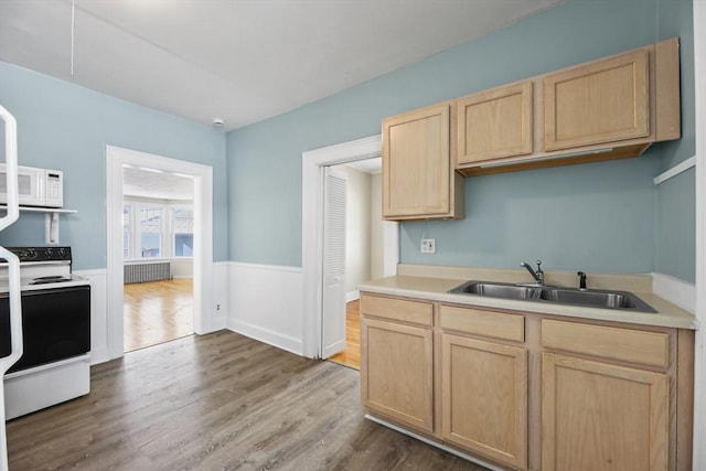 kitchen with white appliances, light countertops, a sink, and light brown cabinetry