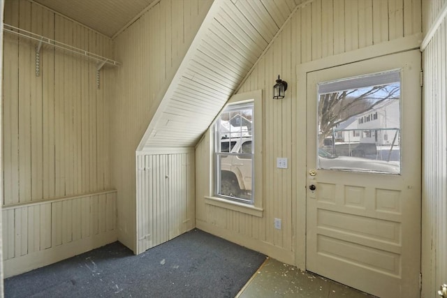 bonus room with a healthy amount of sunlight, wood walls, and vaulted ceiling