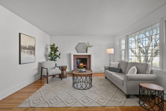 living room with a fireplace and light hardwood / wood-style flooring