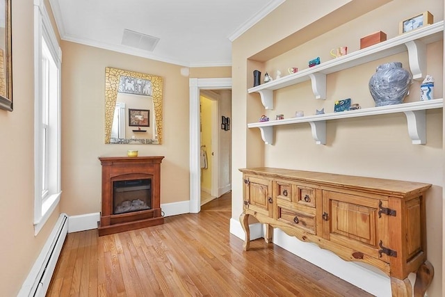 311 Main St, Franklin, MA 02038 - hallway with baseboard heating, light wood-style flooring, crown molding, baseboards, and healthy amount of natural light