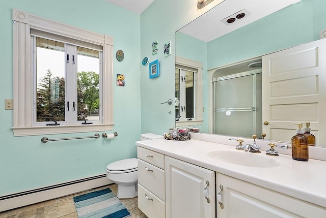 311 Main St, Franklin, MA 02038 - full bathroom featuring a baseboard heating unit, vanity, toilet, and an enclosed shower