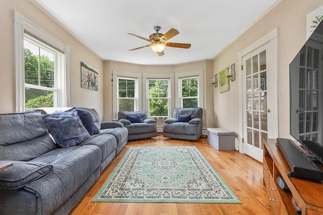 311 Main St, Franklin, MA 02038 - living area featuring light wood-style floors, healthy amount of natural light, a ceiling fan, crown molding, and baseboard heating