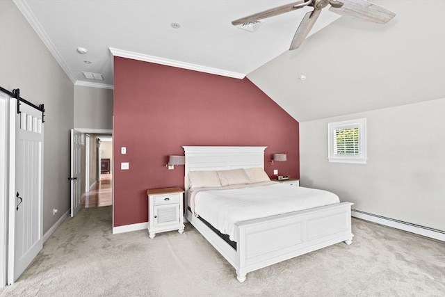 16 W Wind Acres, Norwell, MA 02061 - bedroom with a barn door, light colored carpet, ornamental molding, baseboards, and vaulted ceiling