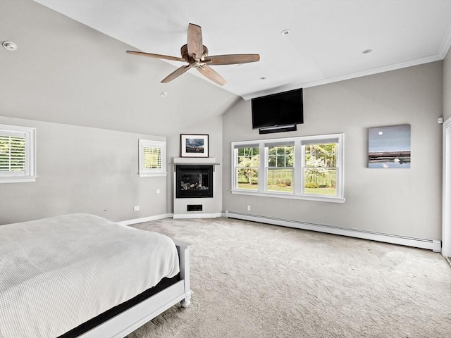 16 W Wind Acres, Norwell, MA 02061 - carpeted bedroom featuring baseboard heating, baseboards, lofted ceiling, a fireplace, and ceiling fan