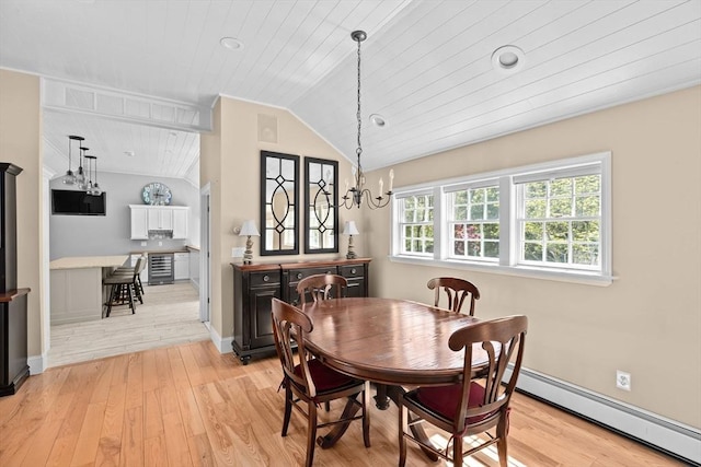 16 W Wind Acres, Norwell, MA 02061 - dining room with lofted ceiling, wooden ceiling, baseboard heating, light wood-style flooring, and baseboards