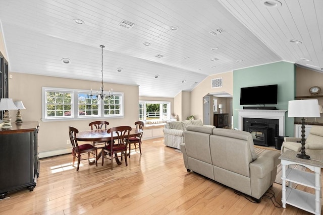 16 W Wind Acres, Norwell, MA 02061 - living area with lofted ceiling, a baseboard heating unit, light wood-style floors, wooden ceiling, and a chandelier