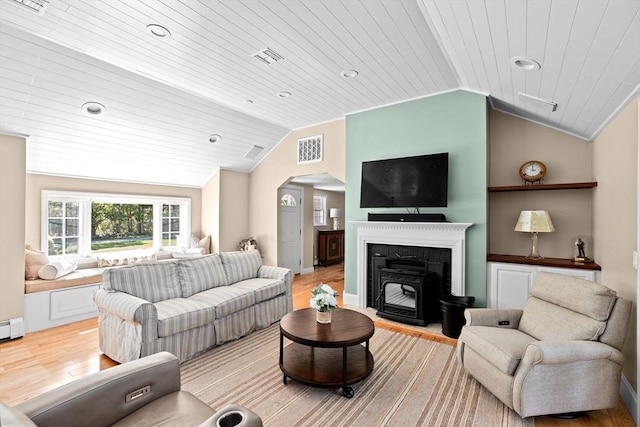 16 W Wind Acres, Norwell, MA 02061 - living area with lofted ceiling, light wood-type flooring, wooden ceiling, arched walkways, and recessed lighting