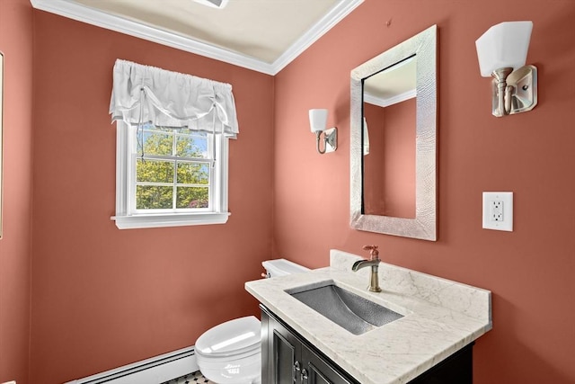 16 W Wind Acres, Norwell, MA 02061 - half bath featuring baseboard heating, crown molding, toilet, and vanity