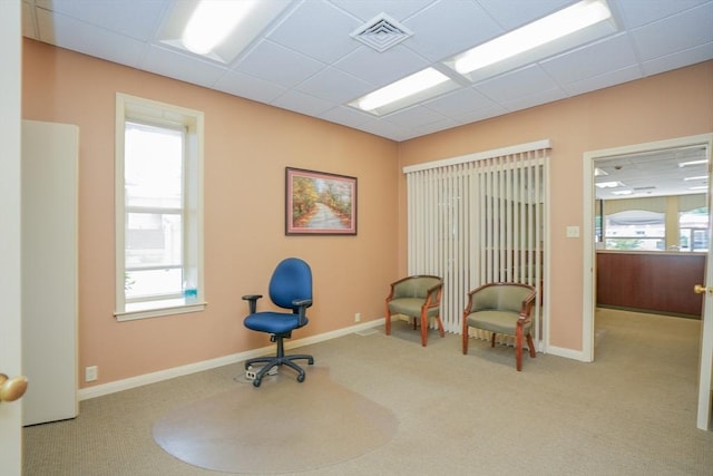 living area featuring a paneled ceiling and light colored carpet