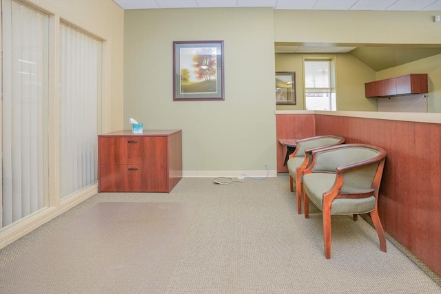 sitting room with a paneled ceiling and light colored carpet